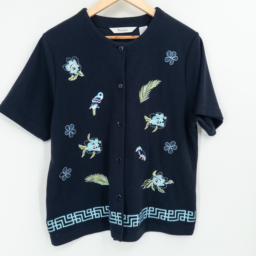 Vintage Cardigan Top Womens Medium Navy Embroidered Birds Floral Cottage Novelty